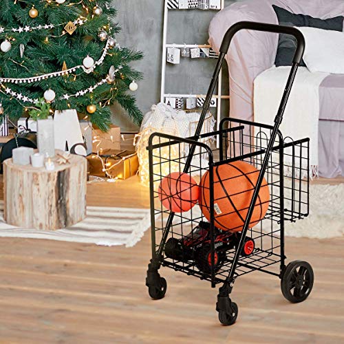 Goplus Folding Shopping Cart Trolley, Grocery Cart Dolly, with Double Basket, Swivel Wheels, Ideal for Laundry Book Luggage Travel, Black