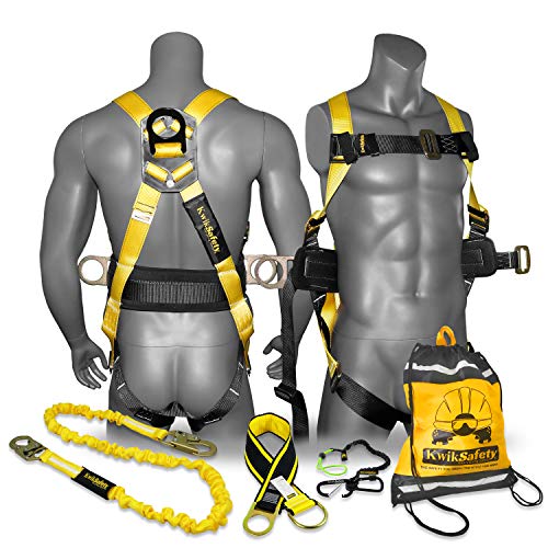 KwikSafety (Charlotte, NC) HURRICANE KIT | 3D Full Body Back Support Safety Harness 6’ Lanyard 3'’ Anchor ANSI OSHA PPE Fall Protection Arrest Restraint Equipment Universal Construction Roofer Bucket