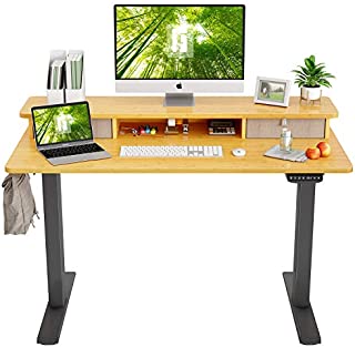 FEZIBO Height Adjustable Electric Standing Desk with Double Drawer, 48 x 24 Inch Stand Up Table with Storage Shelf, Sit Stand Desk with Splice Board, Black Frame/Bamboo Top