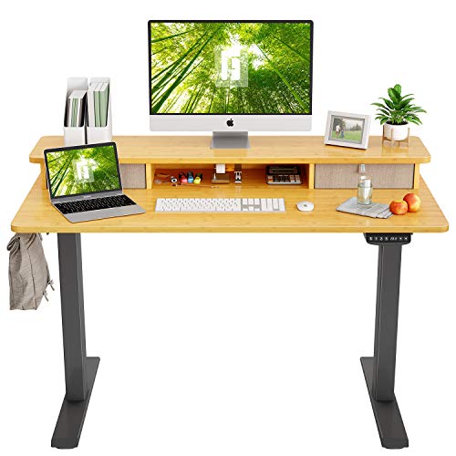 FEZIBO Height Adjustable Electric Standing Desk with Double Drawer, 48 x 24 Inch Stand Up Table with Storage Shelf, Sit Stand Desk with Splice Board, Black Frame/Bamboo Top