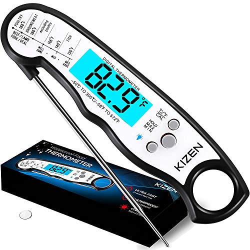 Kizen Digital Meat Thermometers for Cooking - Waterproof Instant Read Food Thermometer for Meat, Deep Frying, Baking, Outdoor Cooking, Grilling, & BBQ (Black/White)