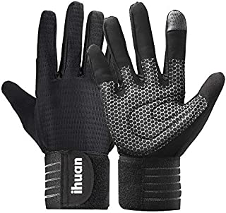 ihuan Ventilated Weight Lifting Gym Workout Gloves Full Finger with Wrist Wrap Support for Men & Women, Full Palm Protection, for Weightlifting, Training, Fitness, Hanging, Pull ups (Black, L)