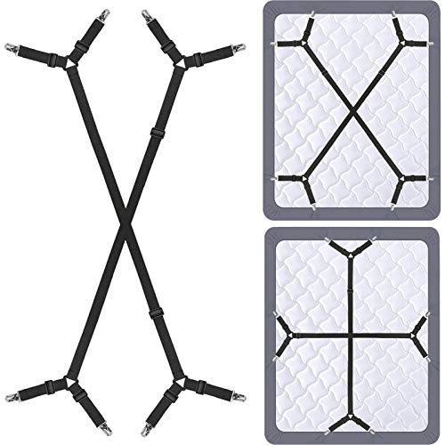 Siaomo Bed Sheet Holder Straps - Adjustable Crisscross Sheet Clips Elastic Band Fitted Bed Sheet Fasteners Suspenders Grippers Clip,2Pcs/Set Black