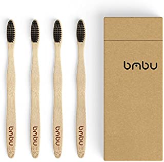 Bamboo Toothbrush 4 Pack - Medium / Soft Charcoal Bristles Tooth Brushes Wooden Handle - BPA Free, Eco Friendly, Vegan Product Gift Idea, Sustainably Grown in Recycled Biodegradable Packaging