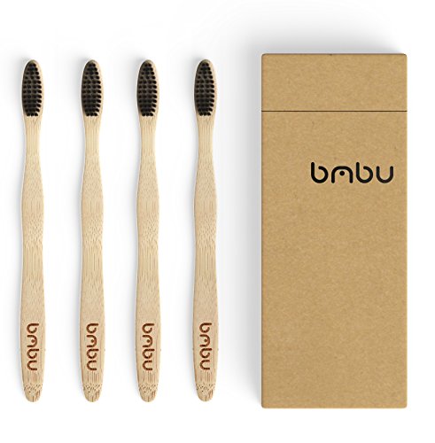 Bamboo Toothbrush 4 Pack - Medium / Soft Charcoal Bristles Tooth Brushes Wooden Handle - BPA Free, Eco Friendly, Vegan Product Gift Idea, Sustainably Grown in Recycled Biodegradable Packaging