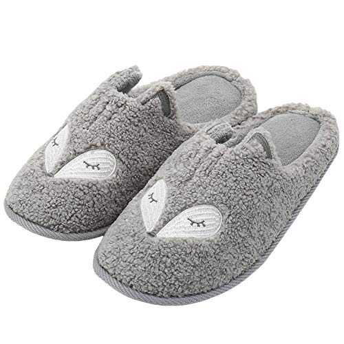 Womens Cute Animal Slippers Soft Fleece Plush Home Slippers Slip On Memory Foam Clog House Slippers, Grey Fox, 8-9.5 M US Women / 7.5-9 M US Men