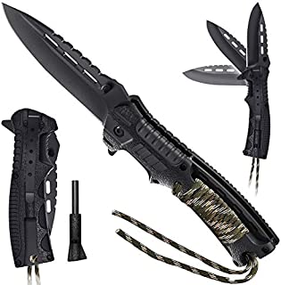 Pocket Knife - Tactical Folding Knife - Spring Assisted Knife with Fire Starter Paracord Handle - Best EDC Survival Hiking Hunting Camping Knife - Knife with Firestarter and Whistle Grand Way 6772