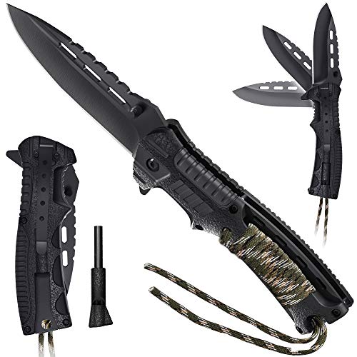 Pocket Knife - Tactical Folding Knife - Spring Assisted Knife with Fire Starter Paracord Handle - Best EDC Survival Hiking Hunting Camping Knife - Knife with Firestarter and Whistle Grand Way 6772