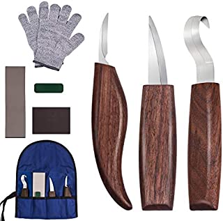 Wood Carving Tools Set, Wood Carving Kit with Carving Hook Knife, Wood Whittling Knife, Chip Detail Carving Knife, Cut Resistant Gloves, Leather Strop and Polishing Compound for Beginners Woodworking