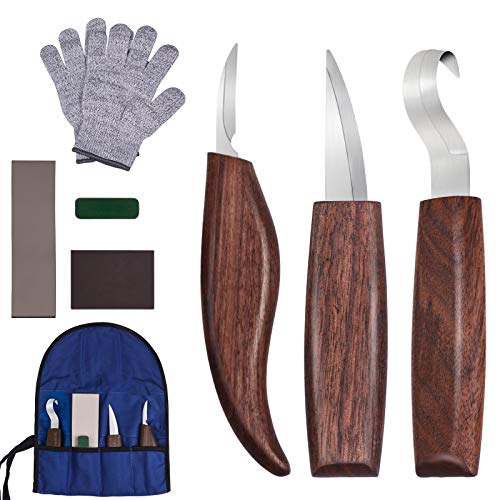 Wood Carving Tools Set, Wood Carving Kit with Carving Hook Knife, Wood Whittling Knife, Chip Detail Carving Knife, Cut Resistant Gloves, Leather Strop and Polishing Compound for Beginners Woodworking