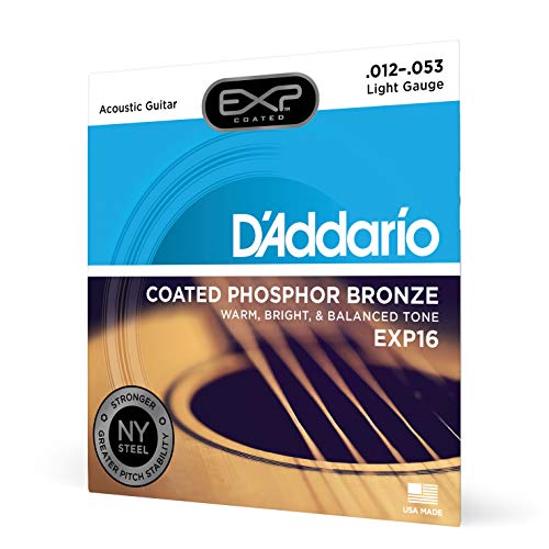 DAddario EXP16 Coated Phosphor Bronze Acoustic Guitar Strings, Light, 12-53  Offers a Warm, Bright and Well-Balanced Acoustic Tone and 4x Longer Life - With NY Steel for Strength and Pitch Stability