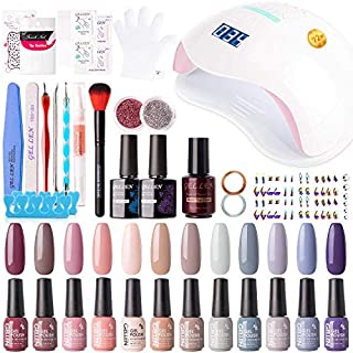 Gellen 12 Colors Gel Nail Polish Starter Kit - with 72W UV/LED Nail Lamp Top Base Coat, Essential Home Manicure Tools Popular DIY Nail Art Designs Matte/Glitters/Rhinestones, Nude Grays