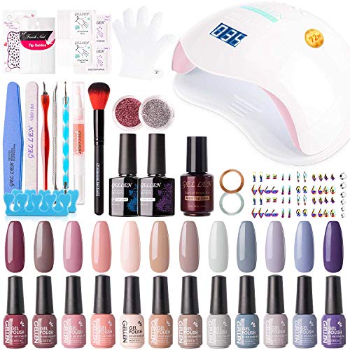 Gellen 12 Colors Gel Nail Polish Starter Kit - with 72W UV/LED Nail Lamp Top Base Coat, Essential Home Manicure Tools Popular DIY Nail Art Designs Matte/Glitters/Rhinestones, Nude Grays