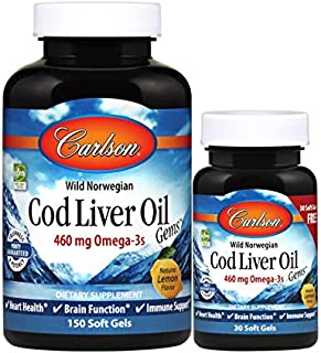 Carlson - Cod Liver Oil Gems, 460 mg Omega-3s + Vitamins A & D3, Wild-Caught Norwegian Arctic Cod Liver Oil, Sustainably Sourced Nordic Fish Oil Capsules, Lemon, 150+30 Softgels