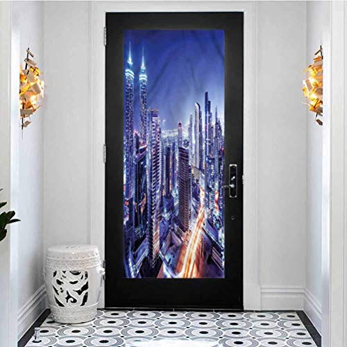 3D Door Stickers PVC Mural Wall Sticker Self Adhesive Decal Removable, City Dubai Downtown Modern UAE, Self Adhesive Peel and Stick Removable Wallpaper Wall Decal, W15 x L78.7 Inch