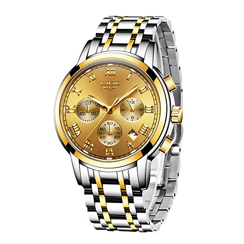 Watches Mens Full Steel Quartz Analog Wrist Watch Men Luxury Brand LIGE Waterproof Date Business Watch (Steel Gold Gold)