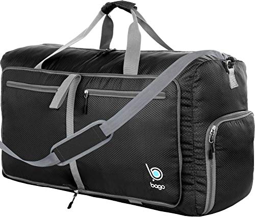 Bago 60L Sports & Travel Duffle Bag - Foldable Weekender Bag For Women & Men - Lightweight waterproof Shoe Pocket (Black)