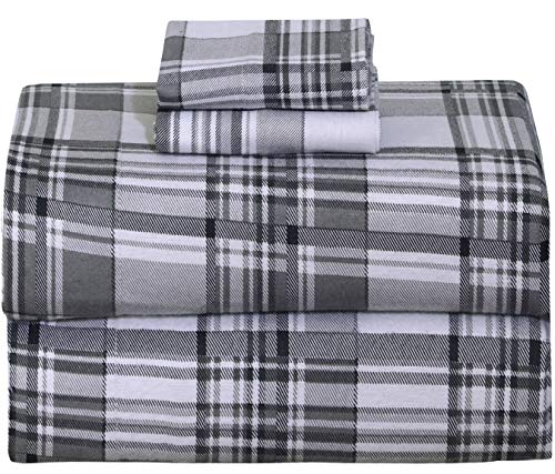 Ruvanti 100% Cotton 4 Piece Flannel Sheets King Balance Plaid Grey Deep Pocket-Warm-Super Soft - Breathable Moisture Wicking Flannel Bed Sheet Set King Include Flat Sheet, Fitted Sheet 2 Pillowcases