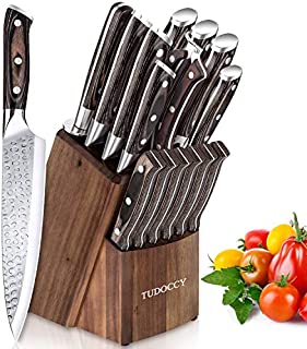 Kitchen Knife Set, 16-Piece Knife Set with Built-in Sharpener and Wooden Block, Precious Wengewood Handle for Chef Knife Set, German Stainless Steel Knife Block Set, Ultra Sharp Full Tang Forged