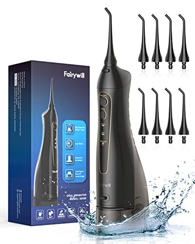 Water Flossers for Teeth, Fairywill 300ML Cordless Dental Oral Irrigator, 3 Modes and 8 Jet Tips, IPX7 Waterproof, USB Charged for 21-Days Use, Oral Irrigator for Travel, Office