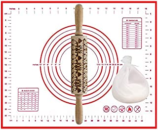 Pauplian 3D Embossed Christmas wooden rolling pin Kneading Dough Bag(1pcs) and Pastry Mat Set(1pcs) for Pizza Cake Baking Cookie Chapati Pastry DIY Tool for Homemade or Christmas Cookies Kitchen Tool