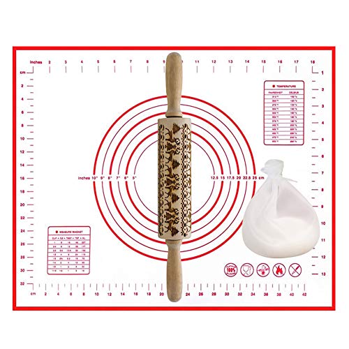 Pauplian 3D Embossed Christmas wooden rolling pin Kneading Dough Bag(1pcs) and Pastry Mat Set(1pcs) for Pizza Cake Baking Cookie Chapati Pastry DIY Tool for Homemade or Christmas Cookies Kitchen Tool