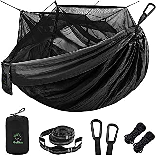 Single & Double Camping Hammock with Mosquito/Bug Net, Portable Parachute Nylon Hammock with 10ft Hammock Tree Straps 17 Loops and Easy Assembly Carabiners, for Camping, Backpacking, Travel, Hiking