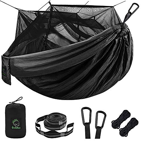 Single & Double Camping Hammock with Mosquito/Bug Net, Portable Parachute Nylon Hammock with 10ft Hammock Tree Straps 17 Loops and Easy Assembly Carabiners, for Camping, Backpacking, Travel, Hiking