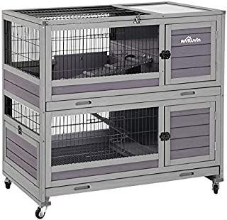Rabbit Hutch Indoor and Outdoor Bunny Cage on Wheels Ferret Cage with Deep No Leak Pull Out Tray,Upgrade Version (Gray)