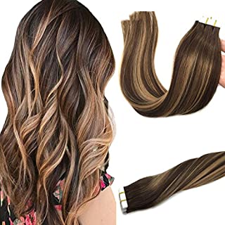 GOO GOO 20pcs 50g Tape in Hair Extensions Ombre Chocolate Brown to Caramel Blonde Remy Human Hair Extensions Balayage Seamless Straight Real Hair Extensions Tape in Natural Hair 18 Inch