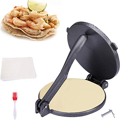 KNGKILQN Corn Tortilla Press Maker - 8 Inch Tortilla Maker Roti Maker Cast Iron Flour Press with FREE 50 Pieces Oil Paper