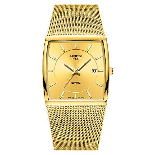 Men's Watches Business Fashion Top Brand Luxury Dress Casual Watch Mesh Strap Waterproof with Date Square Wristwatch (gold1)