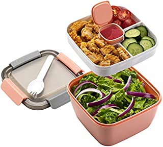 Freshmage Salad Lunch Container To Go, 52-oz Salad Bowls with 3 Compartments, Salad Dressings Container for Salad Toppings, Snacks, Men, Women (Pink)