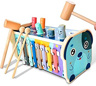 KIDWILL Wooden Hammering Pounding Toy, Educational Pegs Pound Maze Puzzle Number Sorter Musical Toy with Xylophone, Hammers, Mallets, Gift for 1-4 Year Old Boys and Girls