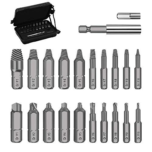 22 Piece Damaged Screw Extractor Set - Remover Set by Easy Out, Easily Remove Stripped or Damaged Screws. Made From H.S.S. 4341#, the Hardness Is 62-63hrc,Set of 22 Stripped Screw Remover