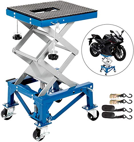 VEVOR Motorcycle Jack, Hydraulic Motorcycle Scissor Jack with 300LBS Load Capacity, Portable Lift Table, Adjustable Motorcycle Lift Jack, Blue Motorcycle Lift Stand with Lockable Casters