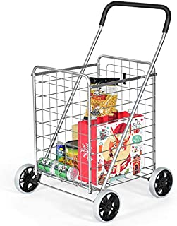 Goplus Folding Shopping Cart, Light Weight Utility Grocery Cart with 360° Rolling Swivel Wheels,Portable Cart for Laundry Shopping Grocery (Silver)