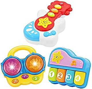 Portable Set of 3 (Piano, Bongo Drums, Guitar) Educational Toy for Music Learning and Entertainment for Ages 6 Months to 4 Years. All 6 Batteries Included.