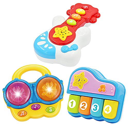 Portable Set of 3 (Piano, Bongo Drums, Guitar) Educational Toy for Music Learning and Entertainment for Ages 6 Months to 4 Years. All 6 Batteries Included.