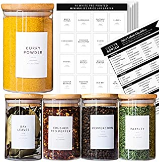 Spice Jar Labels Preprinted - Minimalist Black Text White Label - Fit Round or Rectangle Spice Jars - Herb Seasoning Kitchen Labels Pantry Organization - Waterproof Spice Labels Stickers