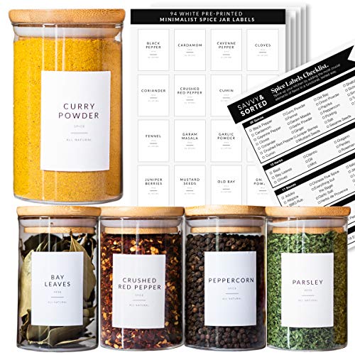 Spice Jar Labels Preprinted - Minimalist Black Text White Label - Fit Round or Rectangle Spice Jars - Herb Seasoning Kitchen Labels Pantry Organization - Waterproof Spice Labels Stickers