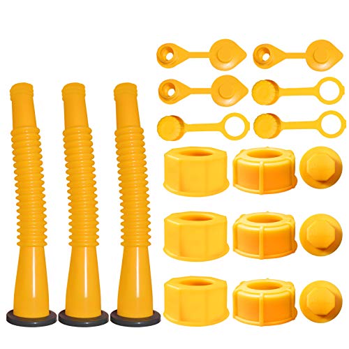 Gas Can Spout Replacement,Gas Can Nozzle,(3 Kit-Yellow) with 6 Screw Collar Caps(3 Coarse Thread &3 Fine Thread-Fits Most of The Cans) with Gas Can Vent Caps,Thick Rubber pad,Spout Cover,Base Caps