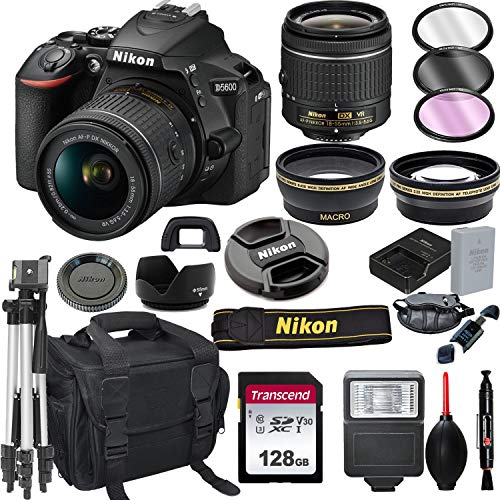 Nikon D5600 DSLR Camera with 18-55mm VR Lens + 128GB Card, Tripod, Flash, ALS Variety Lens Cloth, and More