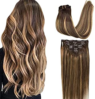 GOO GOO Clip in Human Hair Extensions Remy Ombre Chocolate Brown to Caramel Blonde Balayage Hair Extensions Clip in Straight Real Hair Extensions Natural Hair 7pcs 120g 18 inch