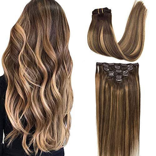 GOO GOO Clip in Human Hair Extensions Remy Ombre Chocolate Brown to Caramel Blonde Balayage Hair Extensions Clip in Straight Real Hair Extensions Natural Hair 7pcs 120g 18 inch