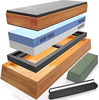 Sharp Pebble Complete Sharpening Stone Set- Dual Grit Whetstone 1000/6000 - Bamboo Leather Strop - Waterstone Knife Sharpener with Non Slip Bamboo Base, Angle Guide & Green Polishing/Honing Compound