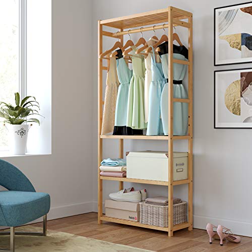 Homfa Bamboo Garment Rack, Multipurpose Clothing Stand Heavy Duty Coat Hanging Rack with 3 Tier Storage Shelves for Clothing Shoes Freestanding Display Organizer 27.4x11.4x64.2 Inch, Laundry Room