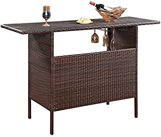 Giantex Outdoor Patio Rattan Wicker Bar Counter Table with 2 Steel Shelves, 2 Sets of Rails Garden Patio Furniture, 55.1