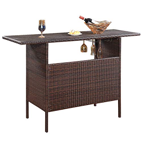 Giantex Outdoor Patio Rattan Wicker Bar Counter Table with 2 Steel Shelves, 2 Sets of Rails Garden Patio Furniture, 55.1