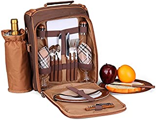 Flexzion Picnic Backpack Kit - Camping Bag Set for 2 Person with Cooler Compartment, Detachable Bottle/Wine Holder, Plates and Flatware Cutlery Insulated Lunch Pack for Family (Plaid Tartan - Brown)